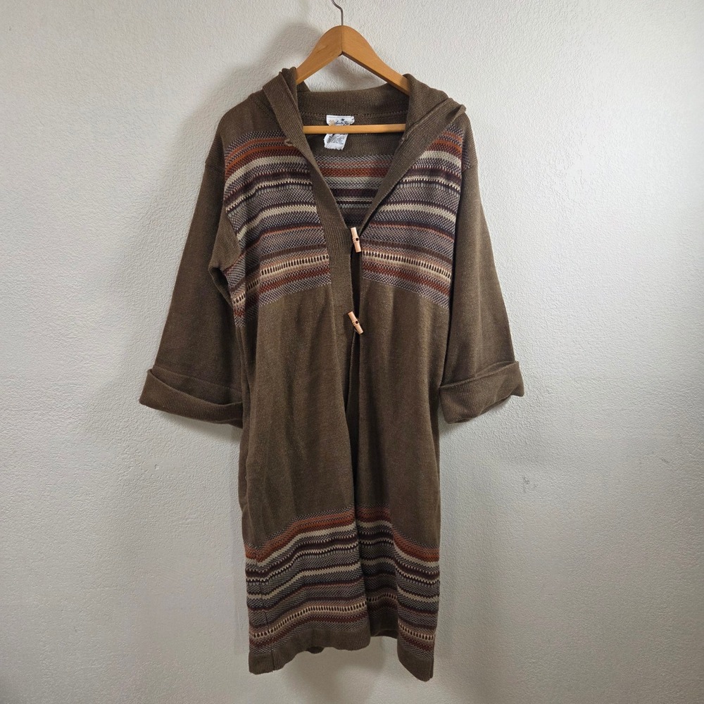 Vintage Sweater Bee Banff Brown Striped Hooded Toggle Long Cardigan Duster L